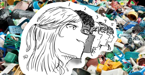 A poster collage. In the background, a trash heap of plastic of many colors; in front, a sketch of 5 young people's heads with numbers above each head
